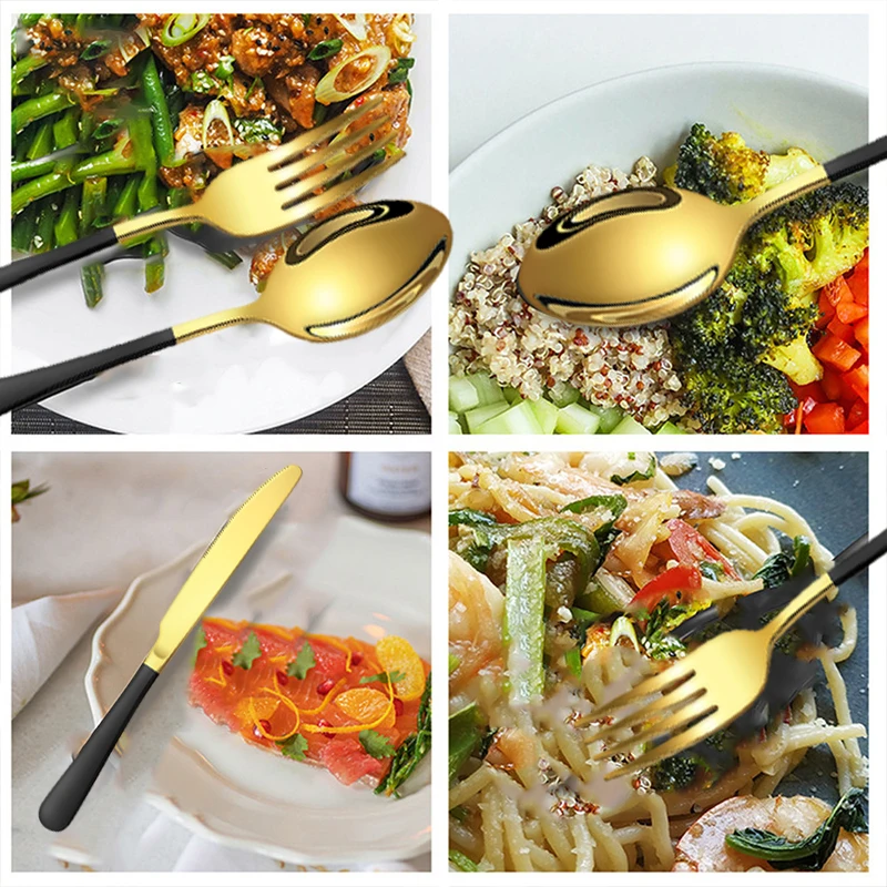 4/24 piece set of advanced two-color black gold 1010 stainless steel tableware set, the surface is polished by mirror.