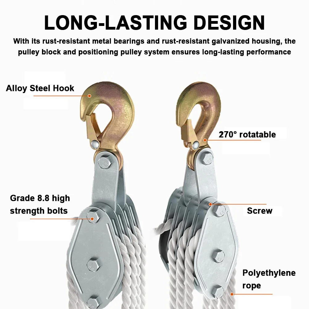 Imagem -02 - Corda Polia Bloco Zinco Liga Gancho Guindaste Portátil Grua de Polia de Corda de Polietileno Resistente Dispositivo de Elevação Manual