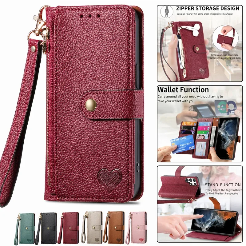 

Zipper Wallet Card Phone Case For Samsung Galaxy S24 S23 S22 Ultra S21 FE S20 Plus A55 A35 A25 A15 A05S Lanyard Leather Cover