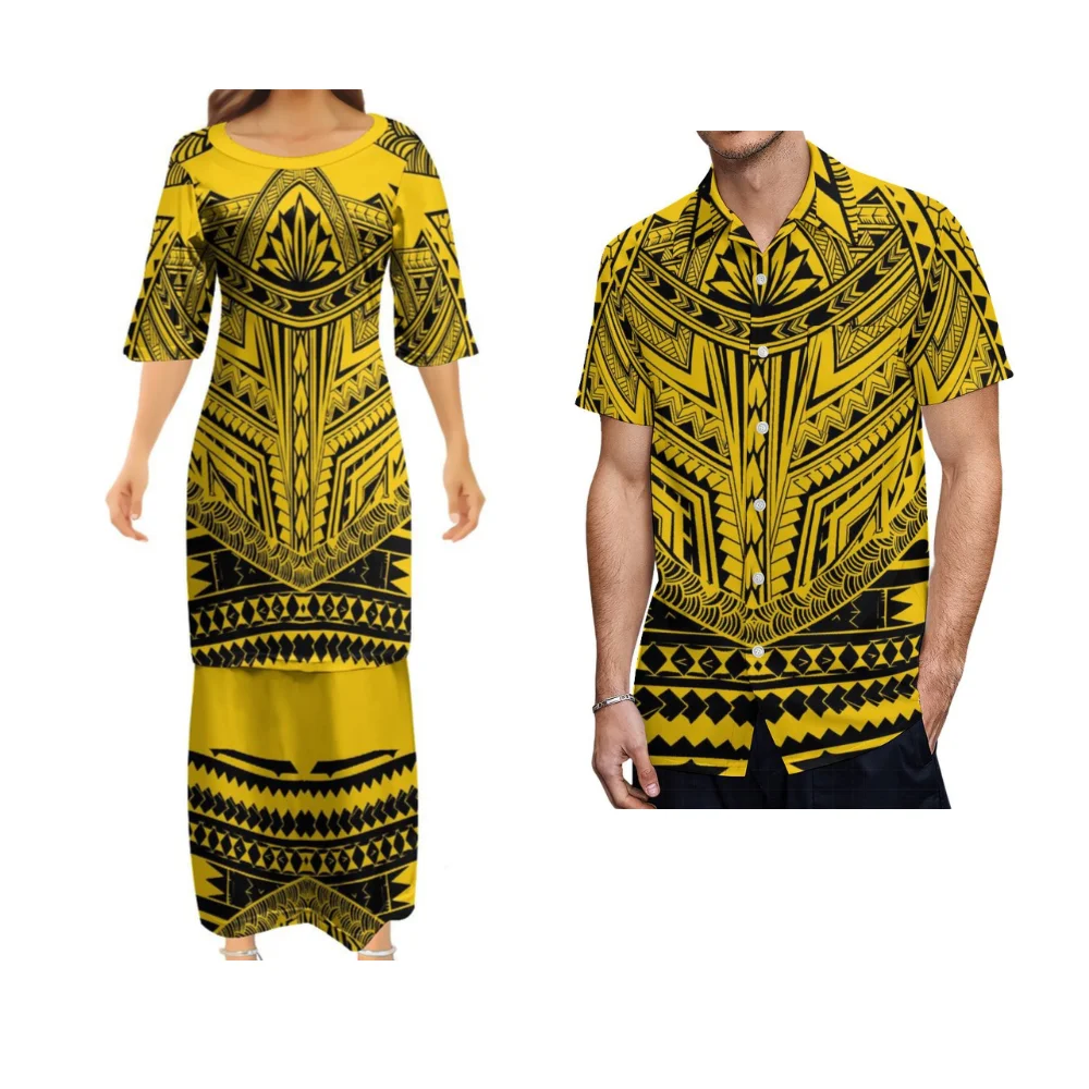 Custom High Quality Breathable Casual Dress Polynesian Puletasi Tribe Women\'S Dress Men\'S Shirt Hibiscus Flower Couple Set