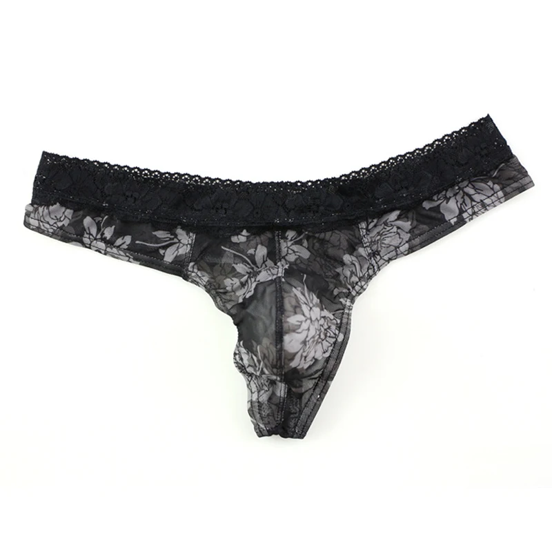 

Men's Thongs Underwear Printed G-String Transparent Lace Breathable Underpants U Convex Breathable Floral Bikini Jockstrap Men