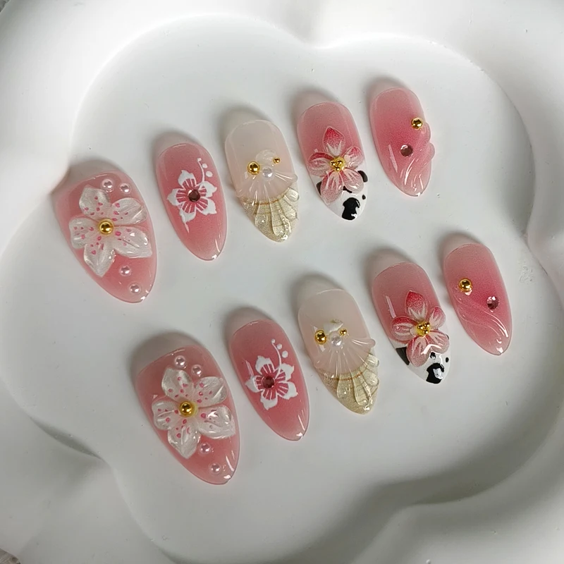 10 Stück 3D-Blumen mit Perlen, kurze, mandelförmige, tragbare Nagelkunst, hochwertige Leopardenmuster, französische Nagelaufkleber, Press-on-Nägel – Detail 4