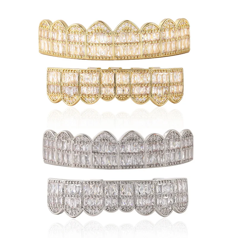 Hip Hop Full CZ Stones Long Teeth Grillz Caps Cubic Zircon Iced Out Micro Pave Top&Bottom Charm Grills For Men Women Jewelry