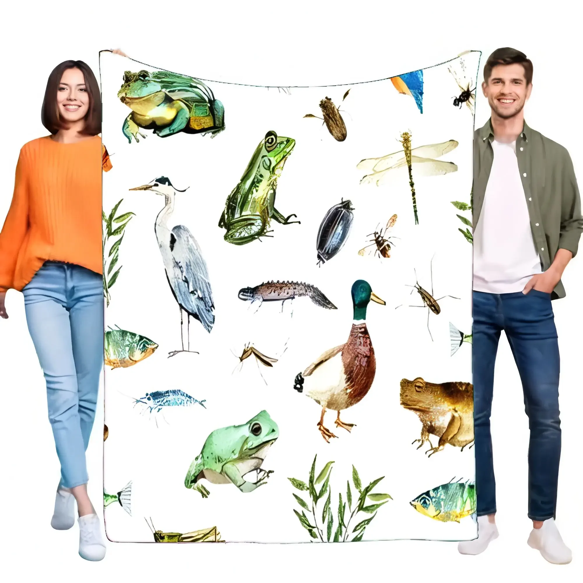 Soft Cozy Lightweight Watercolor Art Pond Animals Blanket, Wildlife Nature Frogs Ducks Herons Insects Throw for Bed Sofa Kids Gi