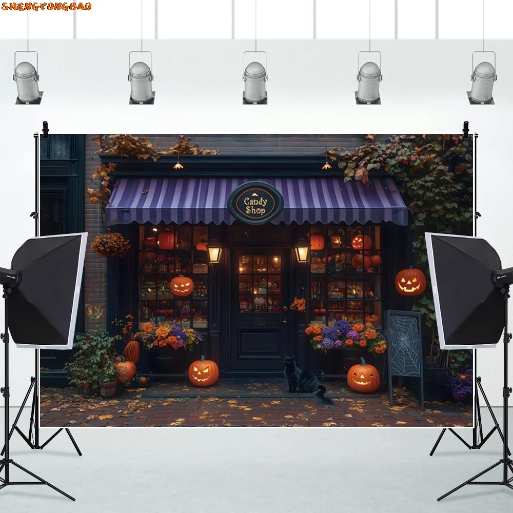 خلفية متجر حلوى الهالوين، فوانيس اليقطين، نباتات الأطفال الصغار، صورة عائلية، خلفية للتصوير الفوتوغرافي، دعائم استوديو الصور