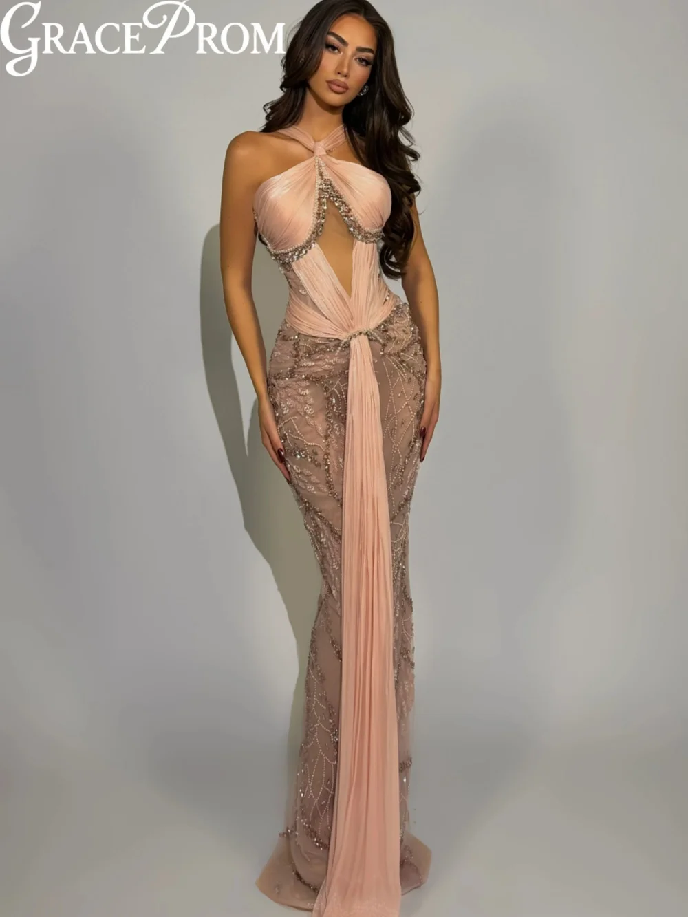 

Opulent Draped Crystal Evening Dress Illusion Halter Sheath Wedding Party Gown Customized Attractive Floor-length Prom Dresses
