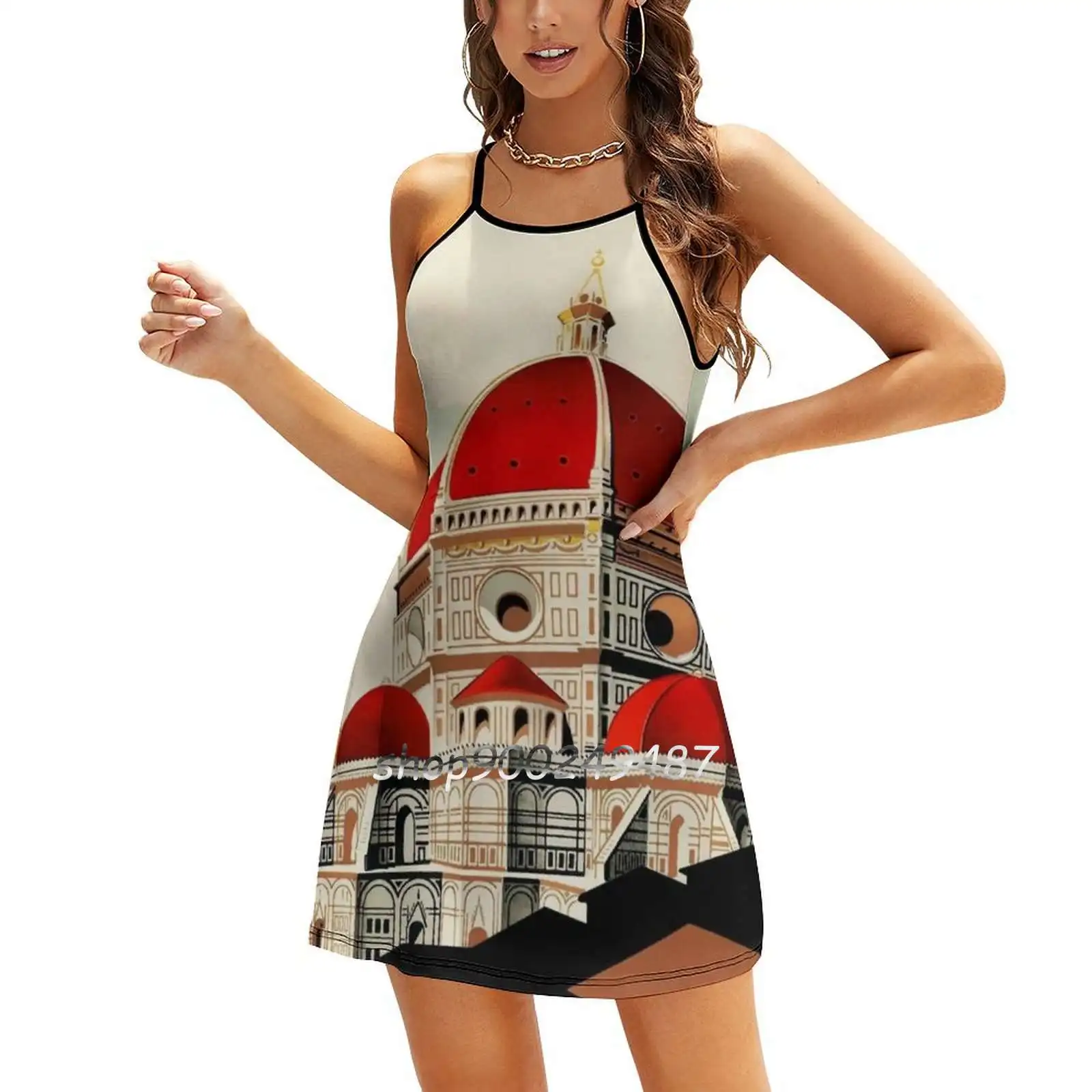 Florence, Itália Viagem Poster 1930S Firenze Vestido de Pescoço Quadrado Novo Plus Size Elegante Mulheres Cintura Vestido Apertado Florence Itália