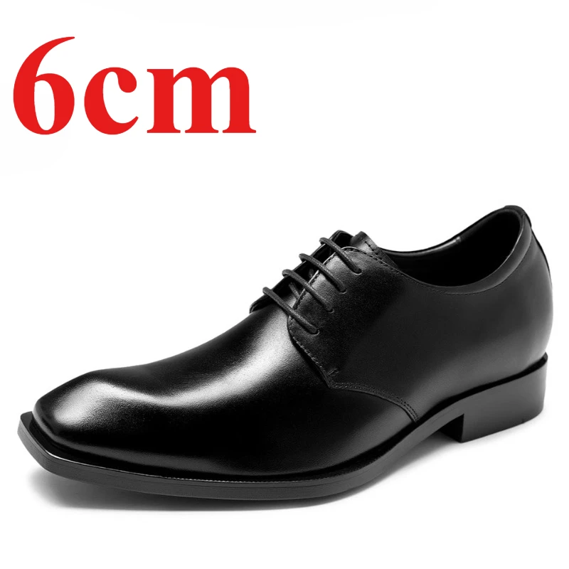 Genuine Leather Men's Dress Shoes Square Head Derby Shoes 6cm British Comfortable Wedding Banquet Height Increasing Shoes Male