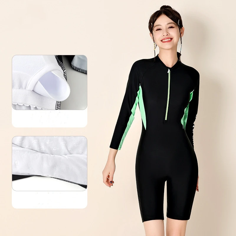 Women Long Sleeve Quick-Dry Outdoor Water Sports Surfing Bathing SwimWear One Piece Knee Length Push Up Beach Front Zip SwimSuit