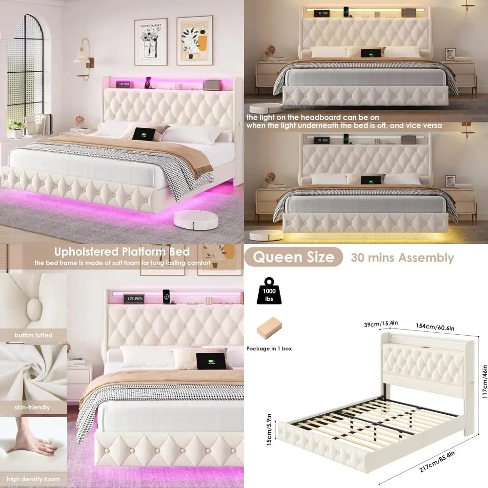 

Queen Size Modern Floating Bed Frame with LED Lights, USB Charging and Button Tufted Upholstered Headboard