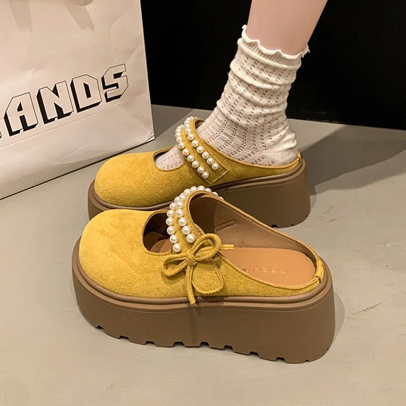 

Women Baotou Half Slippers Fashion Pearl Bow Platform Shoes Slip-On Mules Shoes Casual Single Shoes for Women Mary Janes Slipper