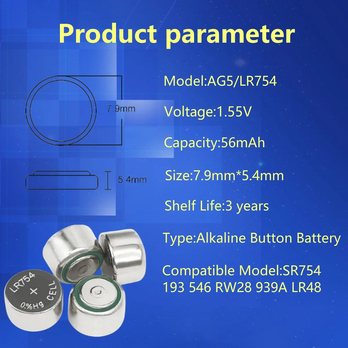 2-100 pilas de botón AG5 LR754 de 1,55 V, también L754/SR754, paquete múltiple para reloj, juguete, control remoto