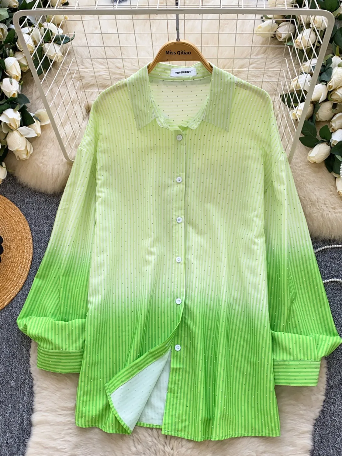 

Женская рубашка свободного кроя с длинными рукавами, весенняя новинка, корейский стиль, для повседневной носки, с яркими стразами, защита от солнца, верхняя одежда