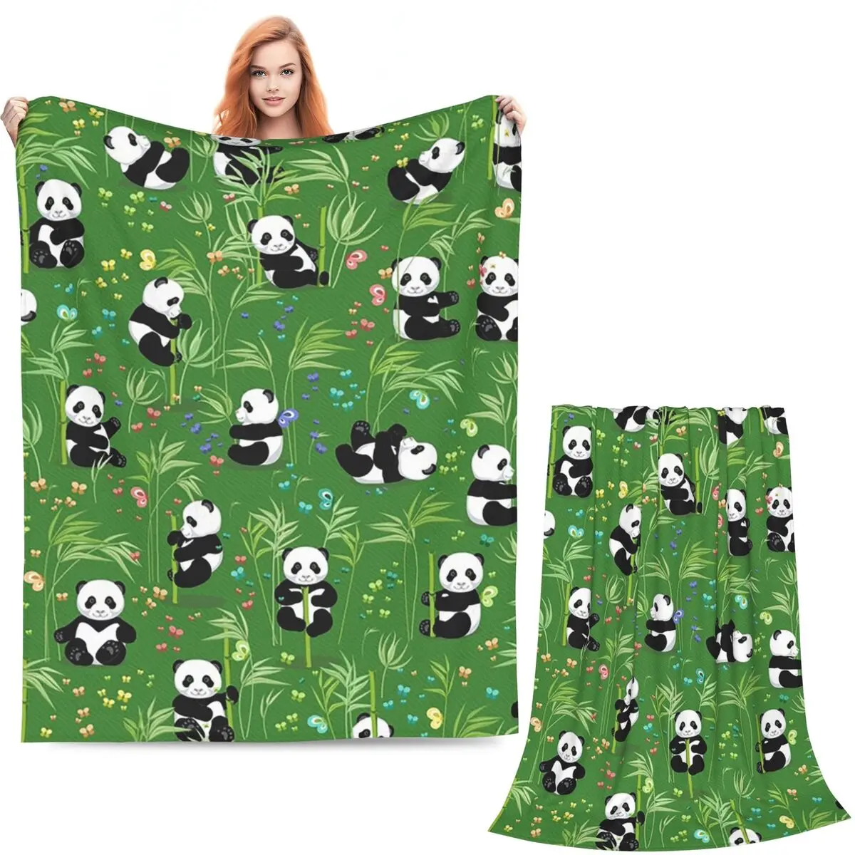 Cartoon Panda And Bamboo Pattern Blanket Soft Warm Flannel Throw Blanket Bedspread for Bed Living room Picnic Travel Home Sofa