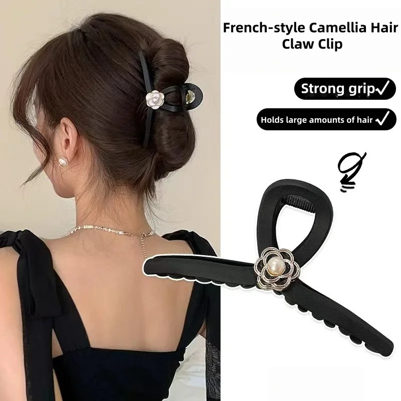 1個入り ブラックマットフローラルグラブクリップ、大きなエレガントなフレンチヘアクリップ（後頭部アップスタイル用）、プレミアム滑り止めシャークヘアグリップ