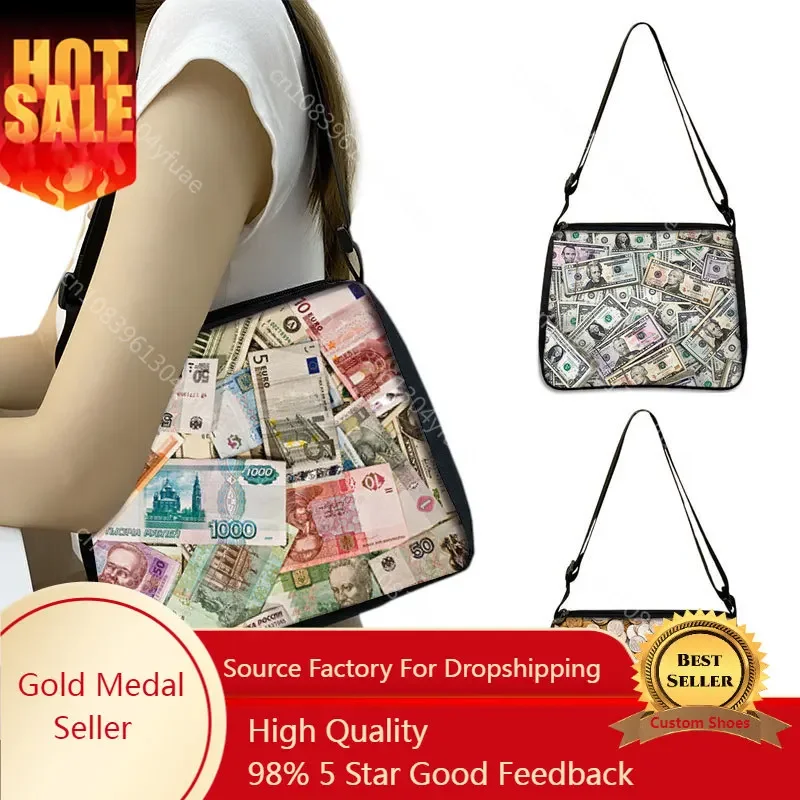 Money Cash Print Shoulder Bag Dollar Euro Ruble Women Handbag Hip Hop Totes Bag Phone Purse Holder Bags for Travel