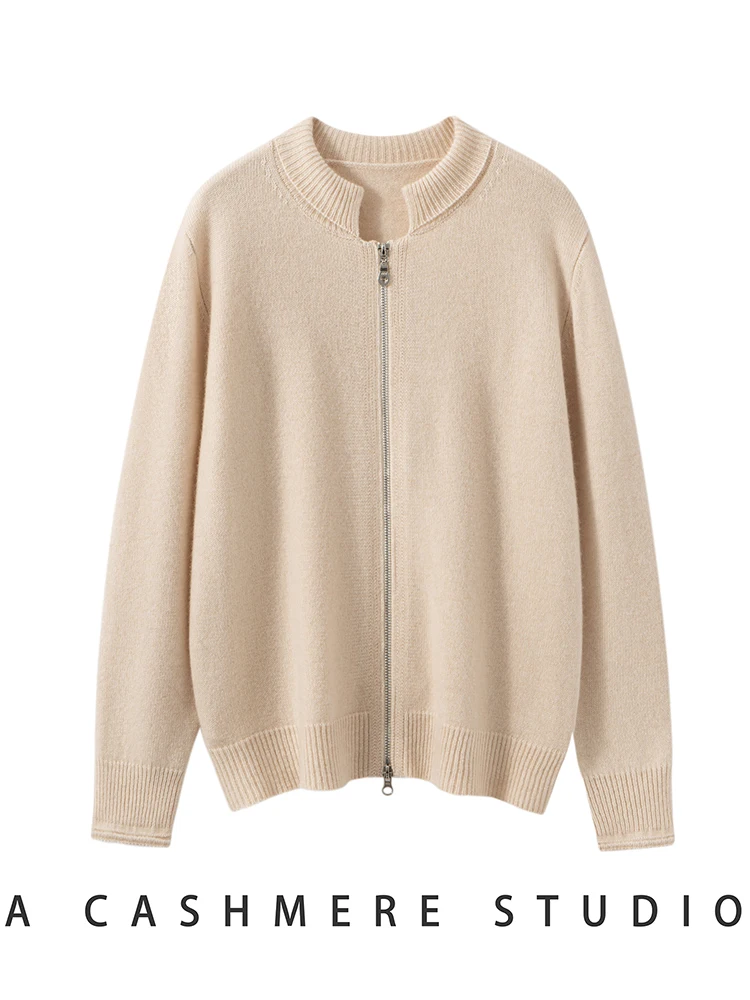 TLOML النساء 100% سترة الكشمير المعنقة الرجعية شل طوق مزدوجة سستة سترة سترة معطف الخريف الشتاء سميكة الكشمير فضفاض القمم