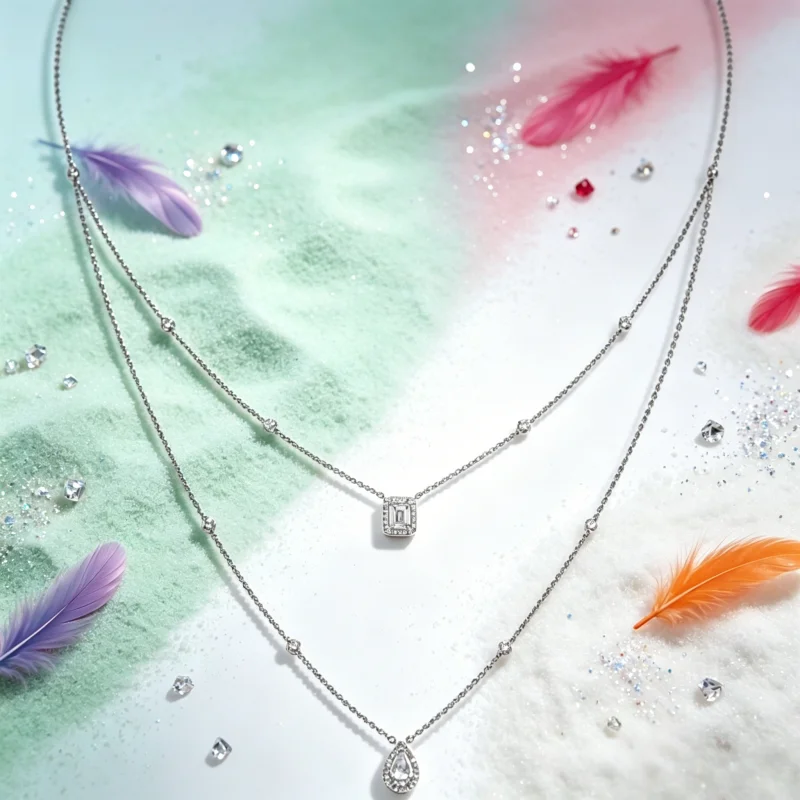

Sleek Two-Tier Silver Necklace with Bezel-Set Crystal Charms