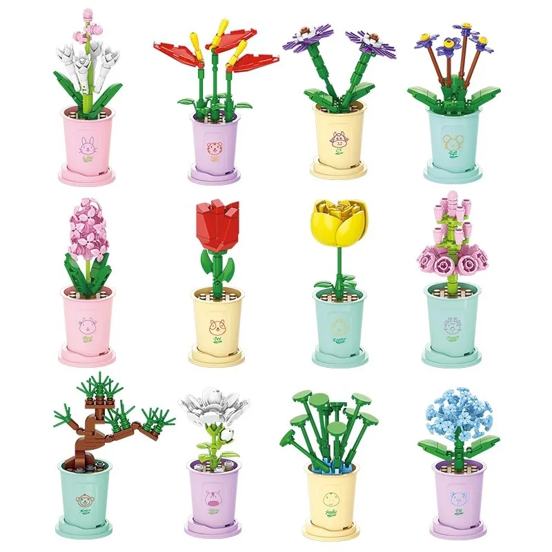 Hot Moc Blumen DIY Topfpflanzen Mikro landschaften Mini Kunst Bausteine setzt Modell Puppen Ziegel Mädchen Spielzeug Geschenke