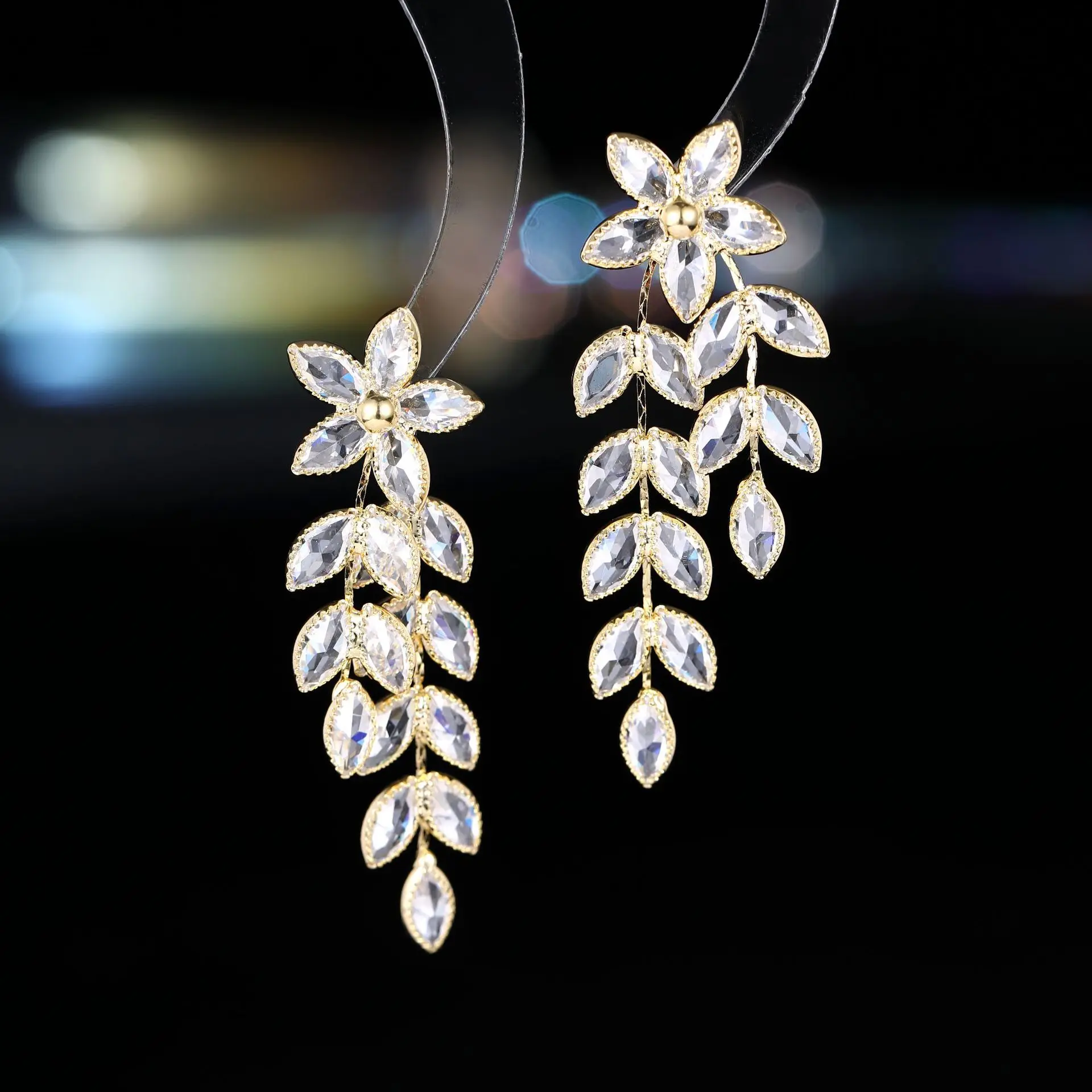 

eaf long tassel earrings s925, silver needle, luxurious and dazzling zircon, elegant bridal earrings for women