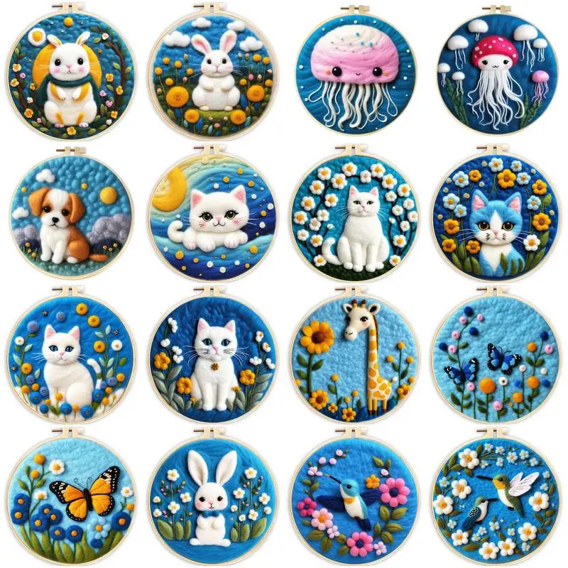 

SDOYUNO Wool Felt Package Beginner Painting Animal Blue Colors Needle Felting Kit Painting Set For Handicraft Diy Craft Supplies