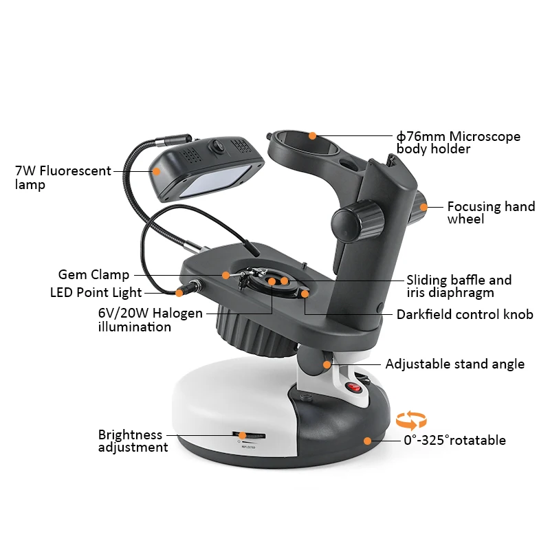 Albenth Gemological Microscópio Stand, brilhante campo escuro jóias, ajuste de inclinação, 0-38 ° base de rotação, 0 °-325 °