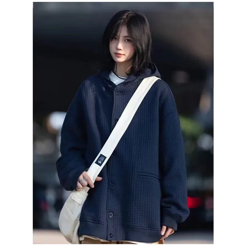 Unisex Oversized Hoodies Waffle Solid Women Sweatshirt Vintage Cotton Men Cardigan Coat Hooded Loose Trend Sweatshirt B0053