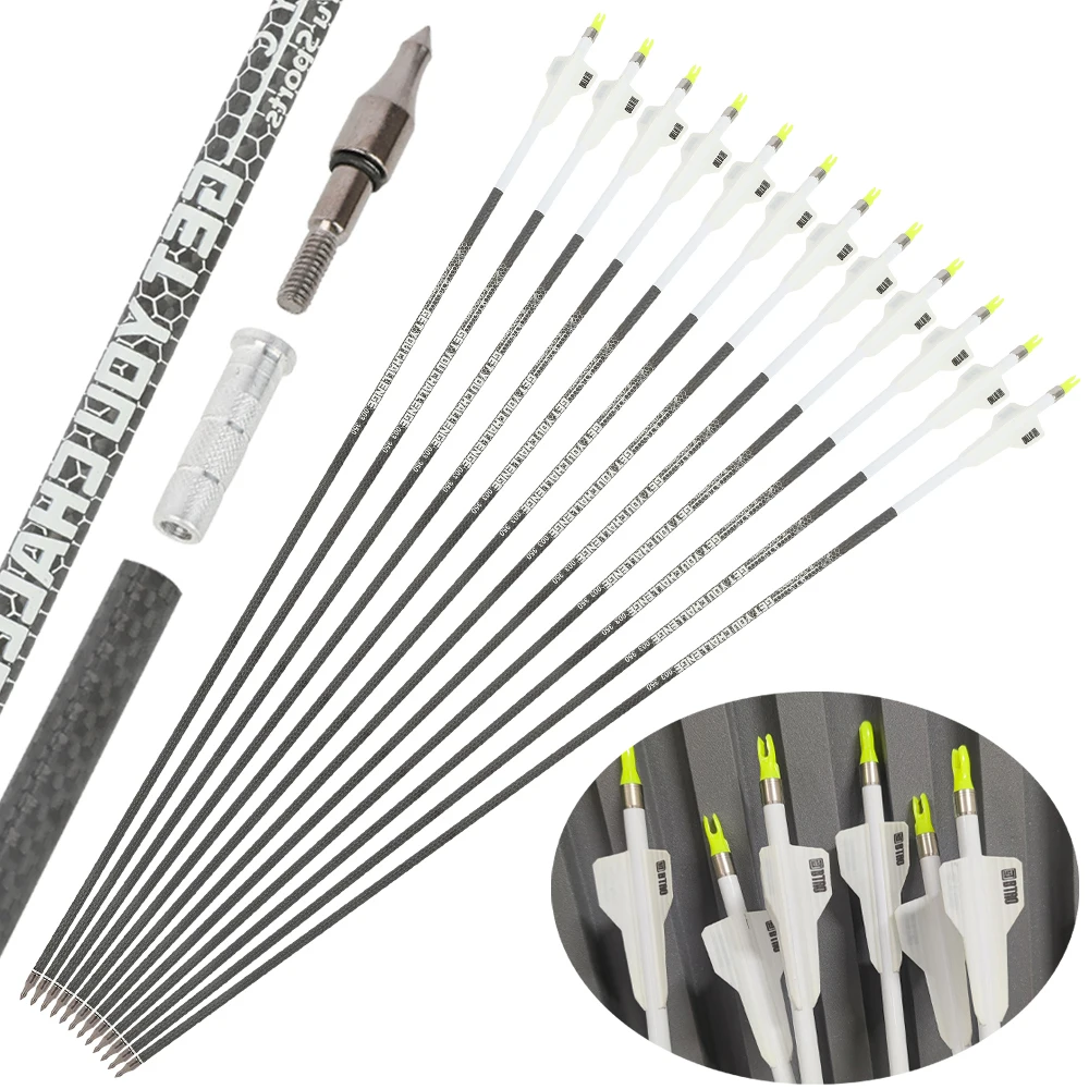 

12pcs Pure Carbon Arrows 3K Carbon Fiber Spine 250 300 350 400 Arrow Shaft 2.5" Rubber Vane Bow Hunting Archery Shooting Target