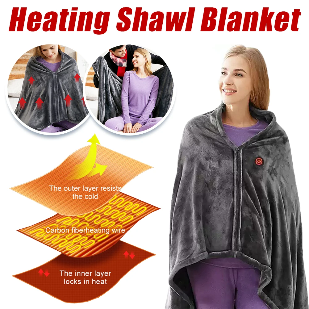 USB Heated Electric Blanket Shawl 3 Heating Level Coral Velvet Blanket 9 Heated Areas Fast Heating Shawl for Outdoor Home Office