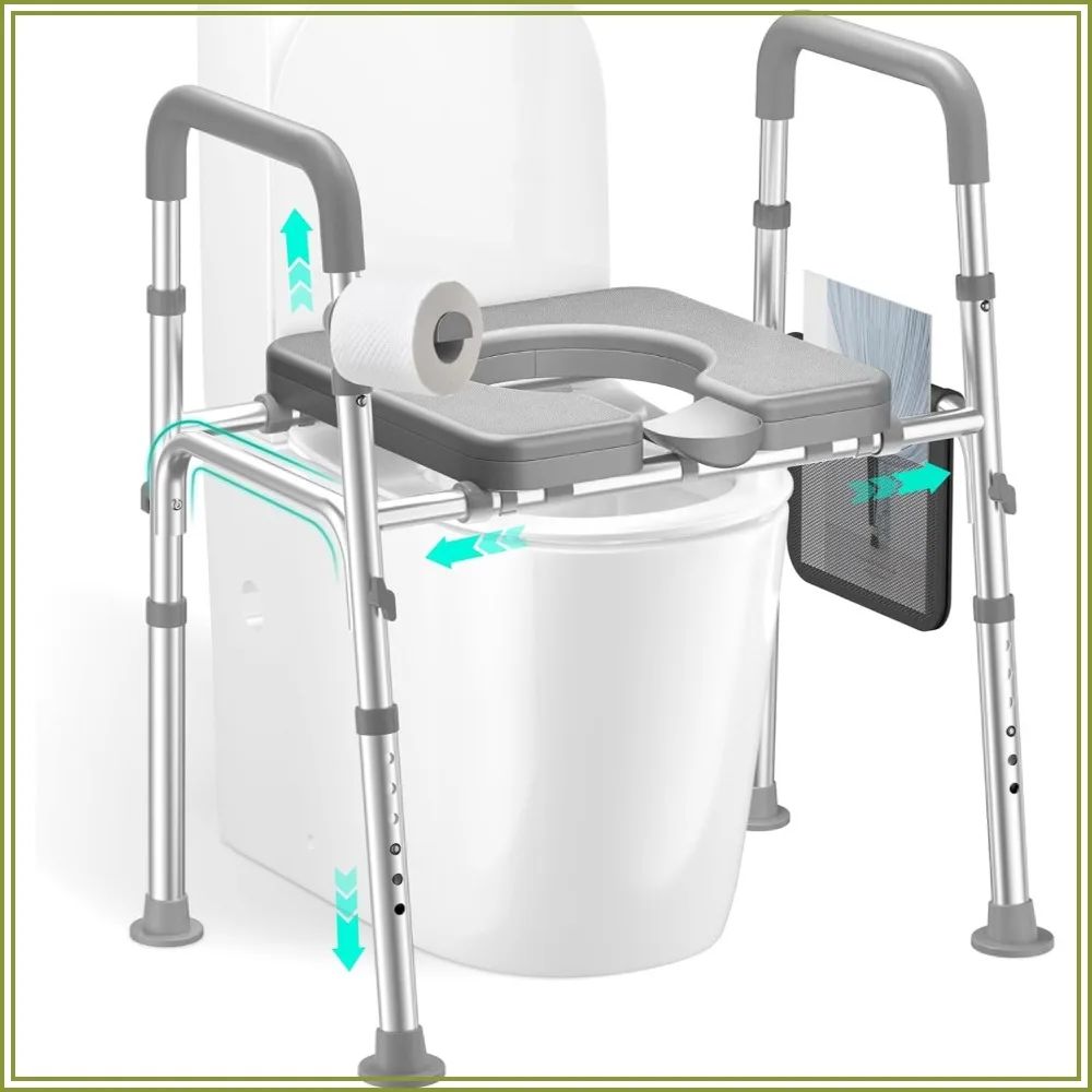 Raised Toilet Seat Riser with Handles for Seniors, 450LBS Heavy-Duty 3in1 Commode Chair, Reinforced Frame & Protective Deflector