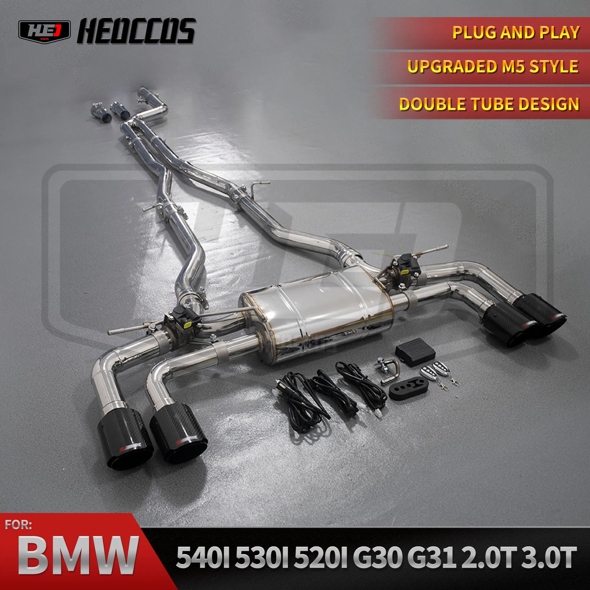 

HEO Sports style exhaust catback for BMW 540I G30 B58 3.0T 520I 530I 530E valve exhaust system dual pipe design