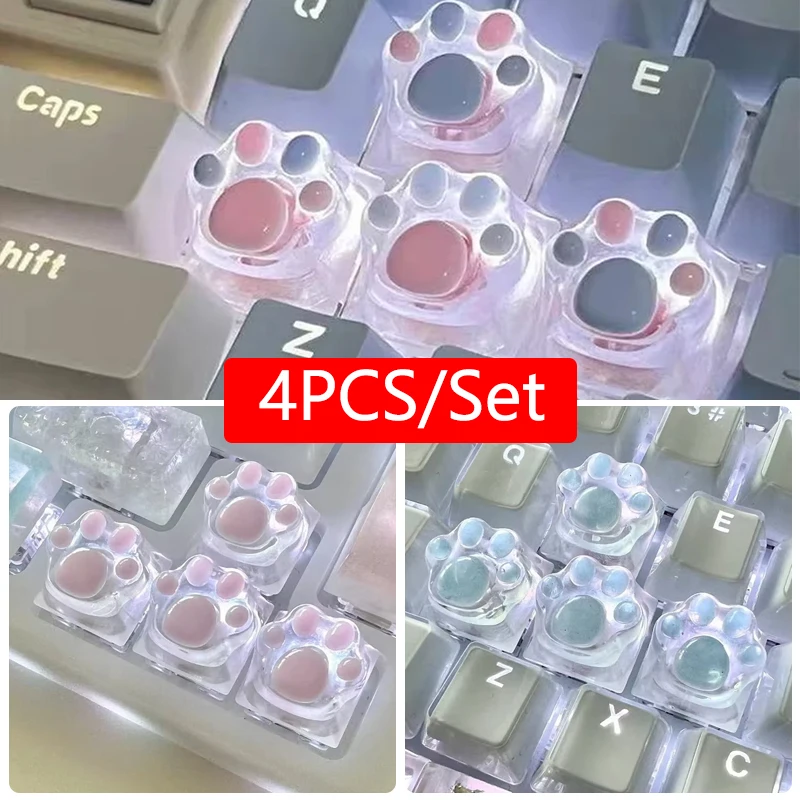 

4PCS Colorful Transparent Cat Claw Pad Resin Keycap Game Mechanical Keyboard Keycap Transparent RGBESC WASD Keycap