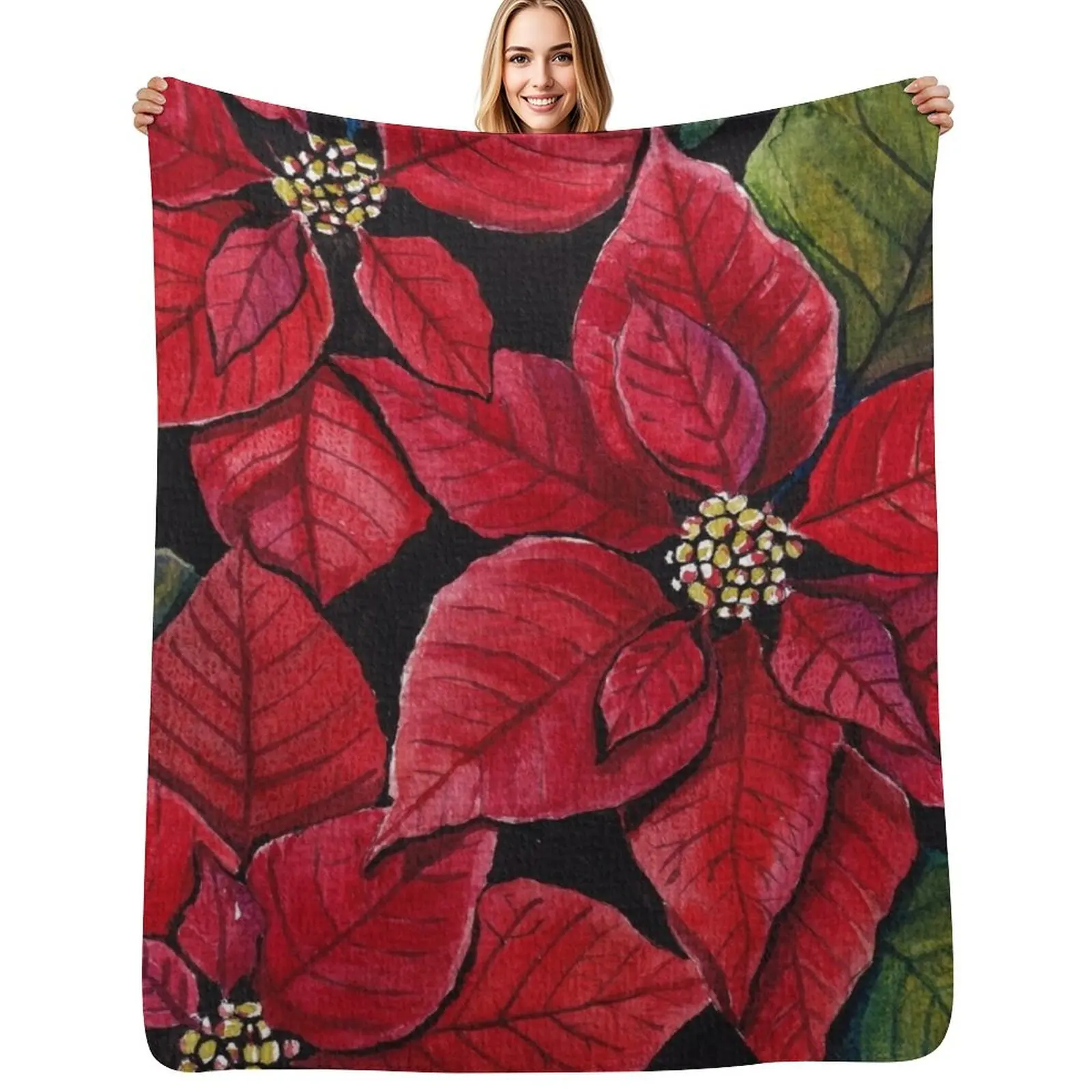 Vibrant Poinsettia Watercolour Artwork Throw Blanket sofa bed Sofas Soft Beds Decoratives Kid'S Bed linens Blankets