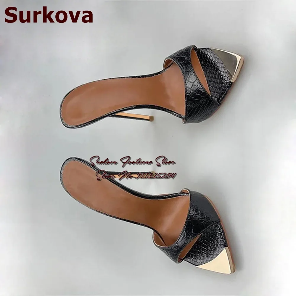 Surkova Pink Snaskeskin Gold Metal Steel Tip Toe Sandals Sexy Python Pattern High Heel Modern Slippers Slip-on Dress Shoes