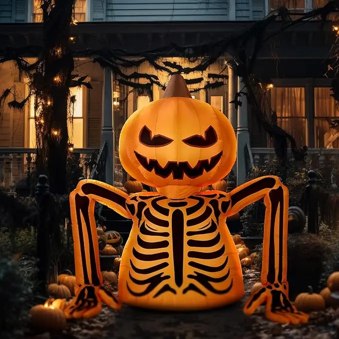 Decoración inflable de Halloween de 1,7 m, esqueleto de calabaza al aire libre, calavera LED integrada, decoración de Halloween para fiesta en el jardín