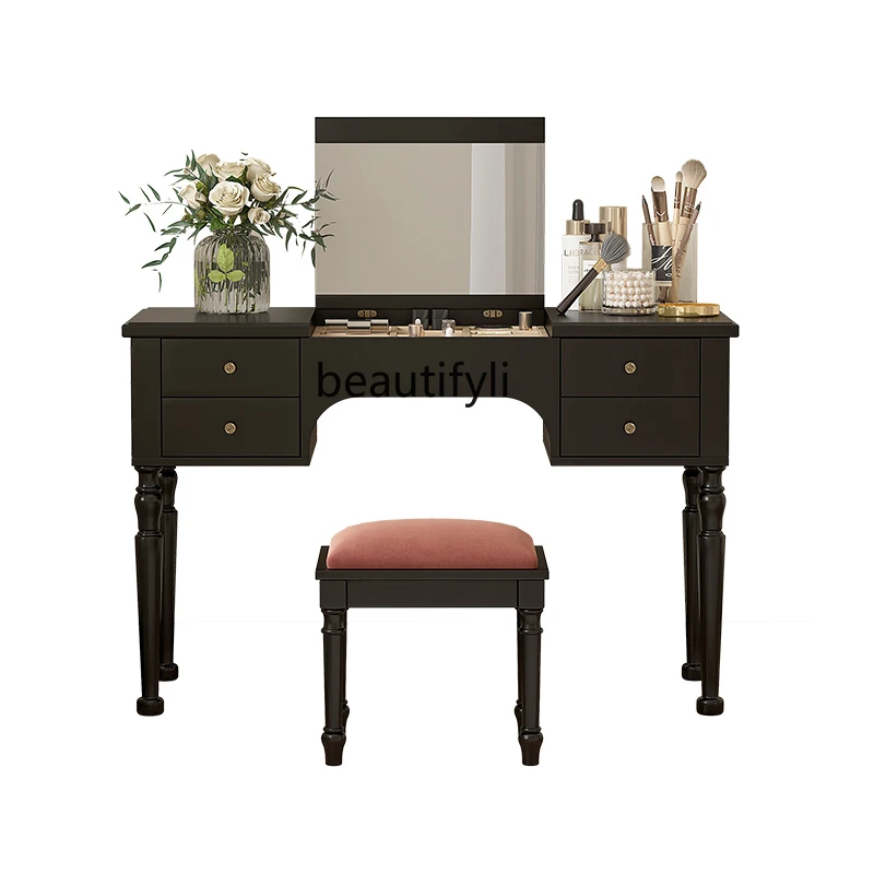 

French Retro Dressing Table Bedroom Small Apartment Modern American High-Grade Black Makeup Table with Mirror furniture