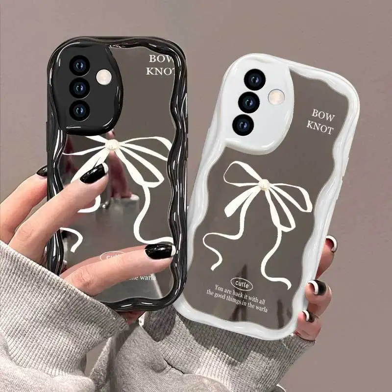 White Big Bow Fashion Girl Make Up Mirror Phone Case for Samsung Galaxy Quantum Wide 8 6 Buddy 4 5 Jump 3 5G Wide8 Wavy Soft