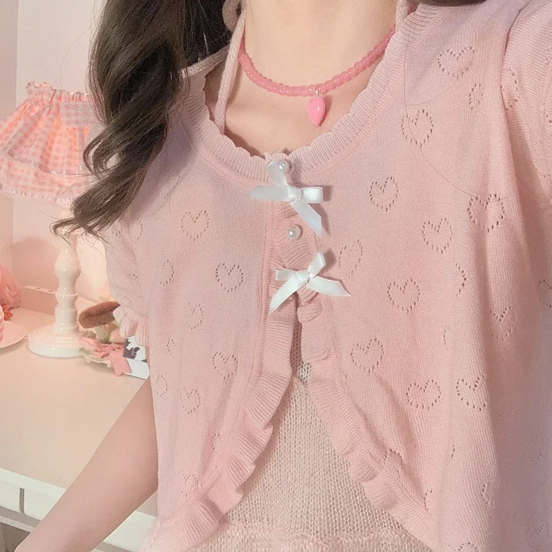 Cute Knitted Cardigan Women Pearl Button Bow Decoration Heart Hollow Out Short Sweater for Sweet Girl Kawaii Clothes