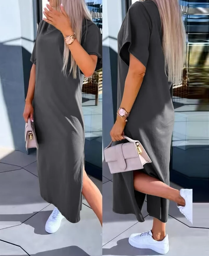 

Short Sleeve Casual Slit Dresses for Women 2024 Spring Summer New Fashion Slim Round Neck Straight Commuting Elegant Long Dress