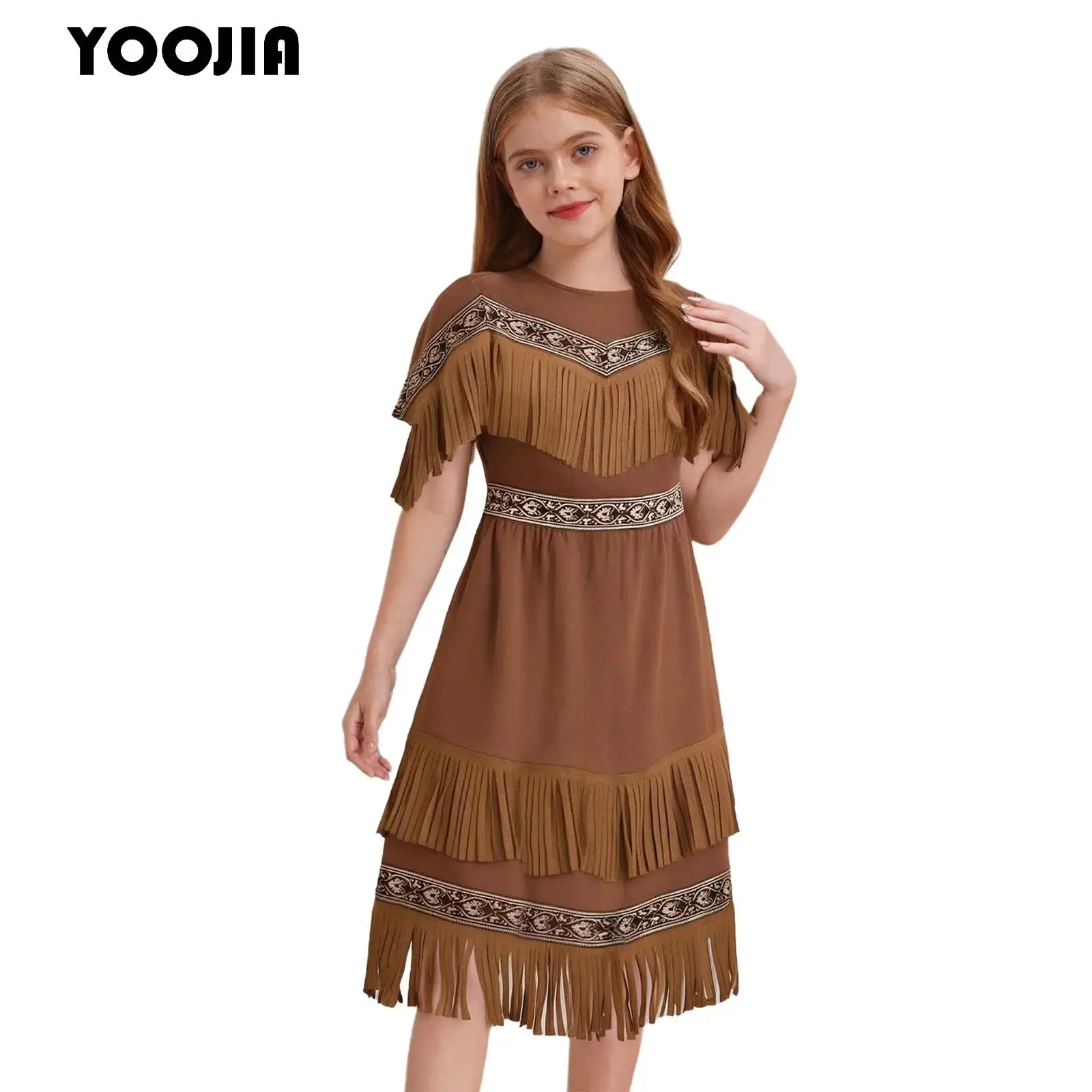 

Children Girls Native American Indian Indigenous Costume for Princess Halloween Cosplay Tassel Savage Forest Hunter Dress