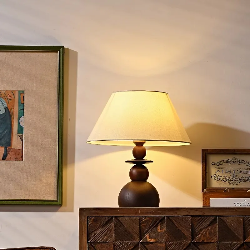 

Brown Wood Table Light - E27 Fabric Shade, Perfect for /Scandinavian/Bohemian Decor Style
