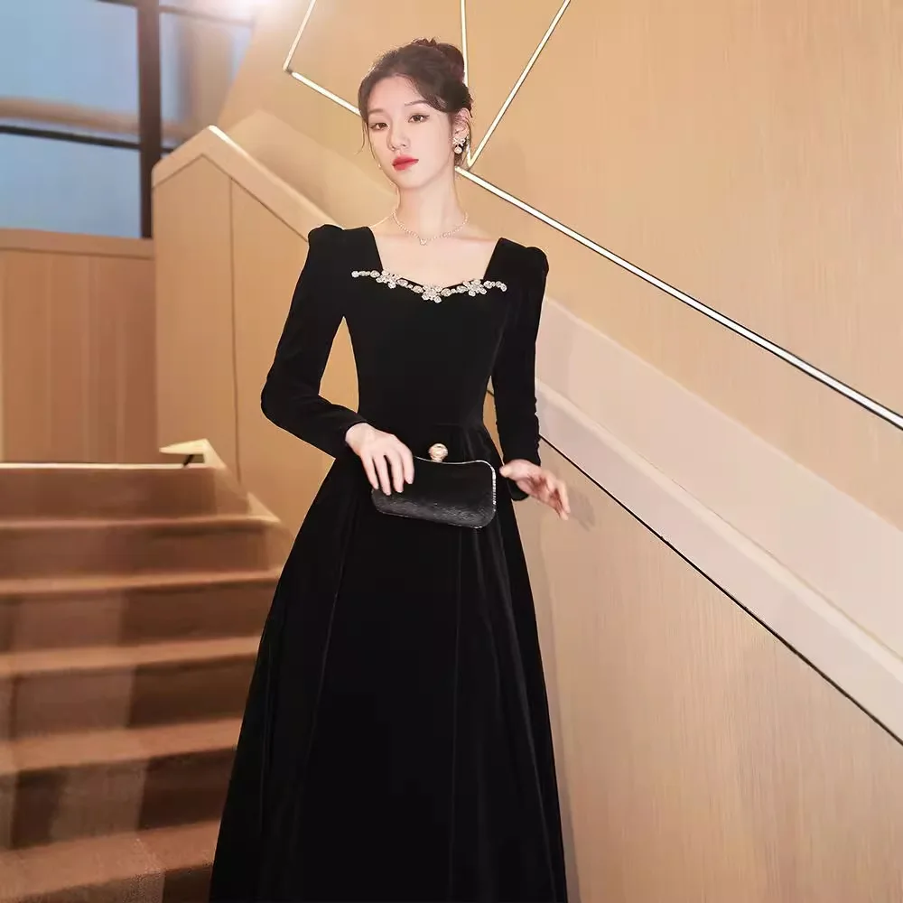 

Черное бархатное вечернее платье с длинным рукавом и кристаллами квадратного воротника длиной до пола, торжественное платье, элегантное французское женское платье макси