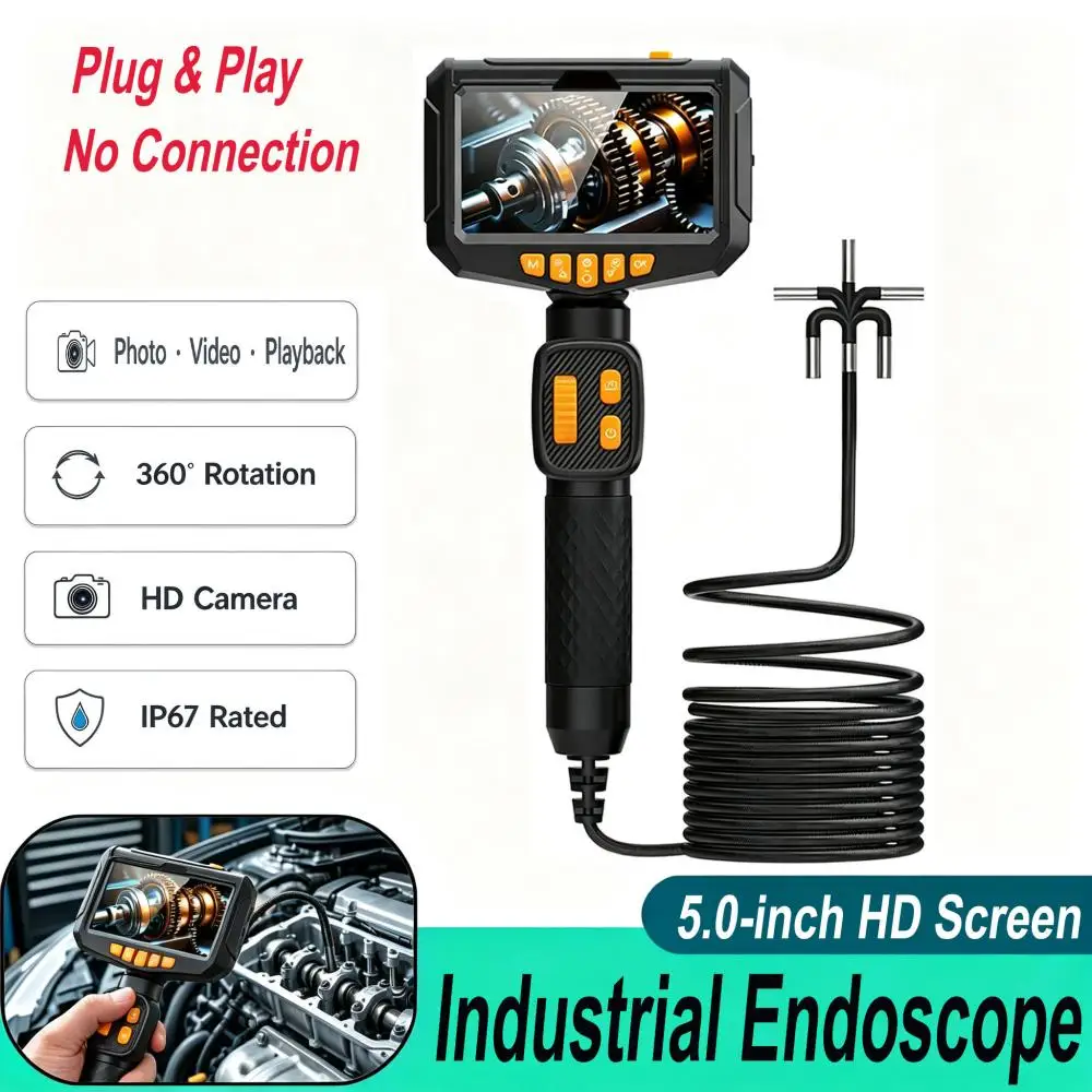 5.0" IPS Screen Endoscope Long Standby 360° Steering Inspection Camera Type-C IP67 Waterproof 6mm Lens for Car Sewer Household