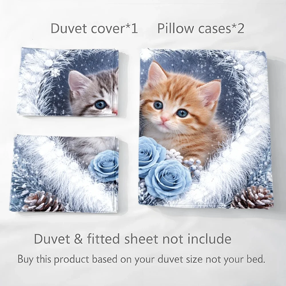 3Pcs Cute Cat and Floral Duvet Cover Set with 1Pc Duvet Cover and 2Pcs Pillowcases Bedding Accessories Quilt Cover view 4