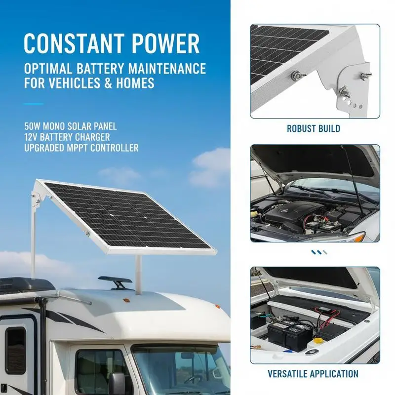 Monocrystalline Solar Cell Maintainer 19.4x17.7 Inches For Automobile Marine Motorhome, MPPT Controller Adjustable Mounting Bracket IP65 Rated 50W 12V System Outdoor Off-Grid Power Solution Accessory