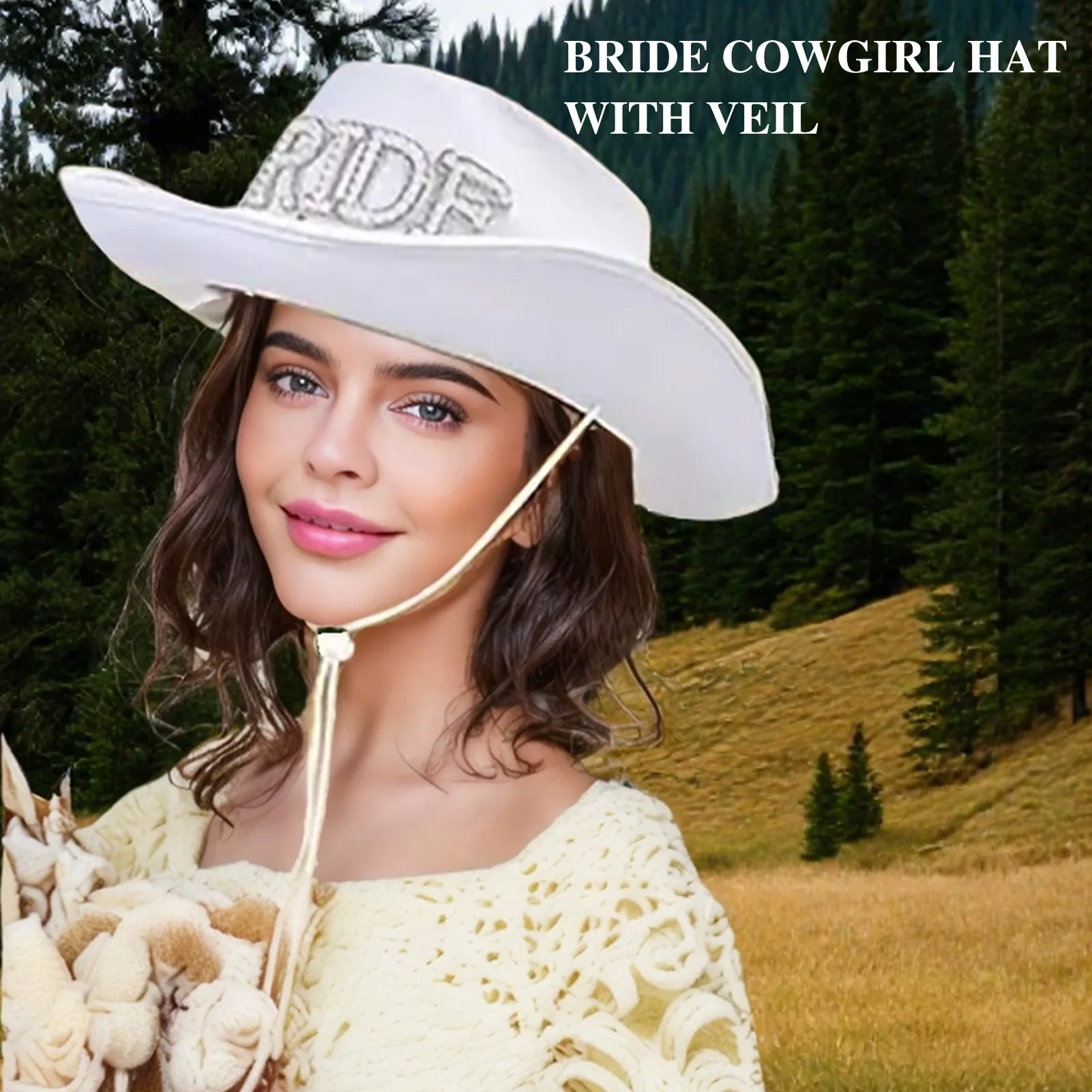 Bride Cowgirl Hat With White Veil Wedding Hair Accessoreis Party Decoration Headwear For Bridal Shower Bride Marriage Caps Gift - view 3