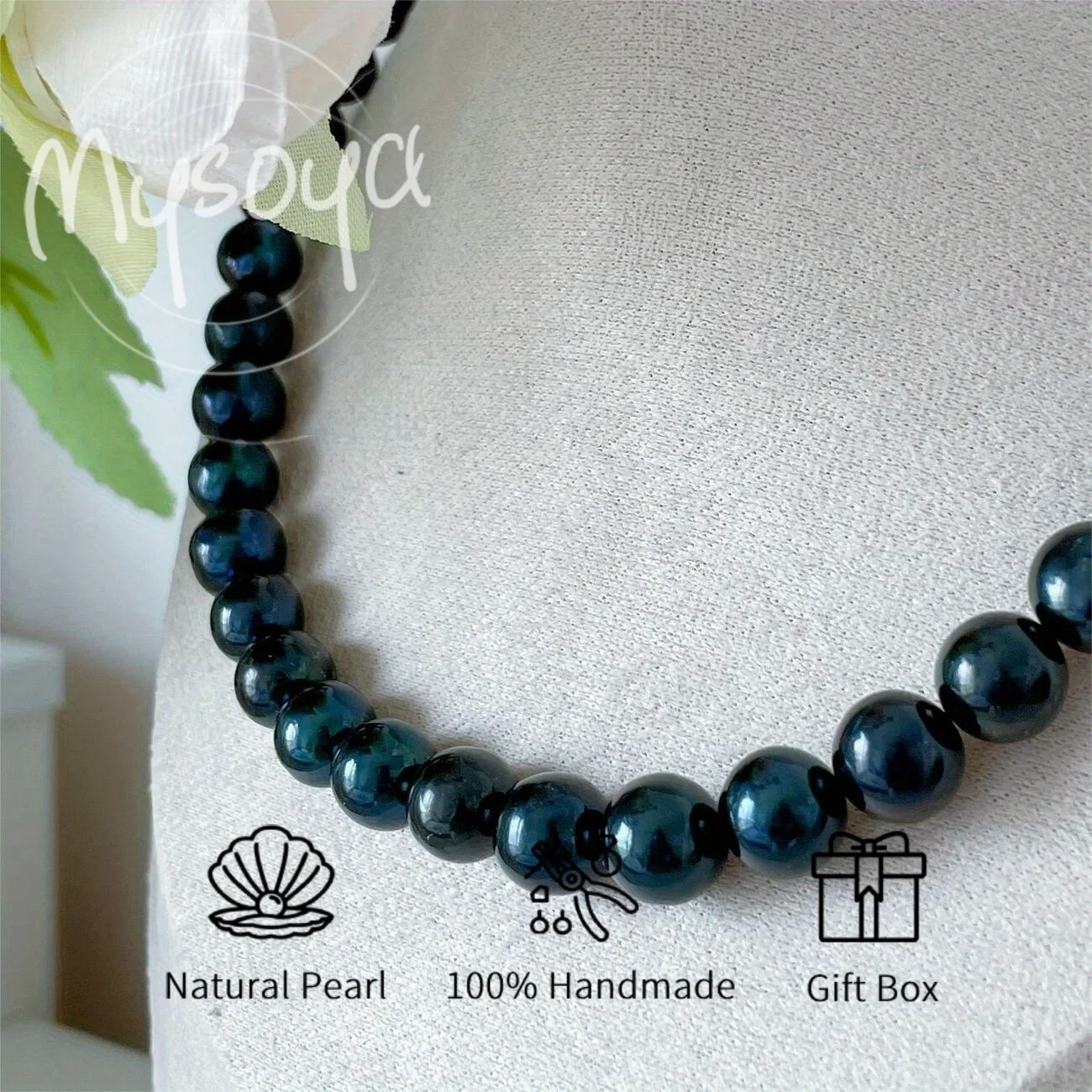 MYSOYA 10-11 مللي متر قلادة لؤلؤ المياه العذبة السوداء للنساء والرجال مع صندوق هدايا هدية مثالية لحفلات الزفاف وأعياد الميلاد وعيد الميلاد والعام الجديد