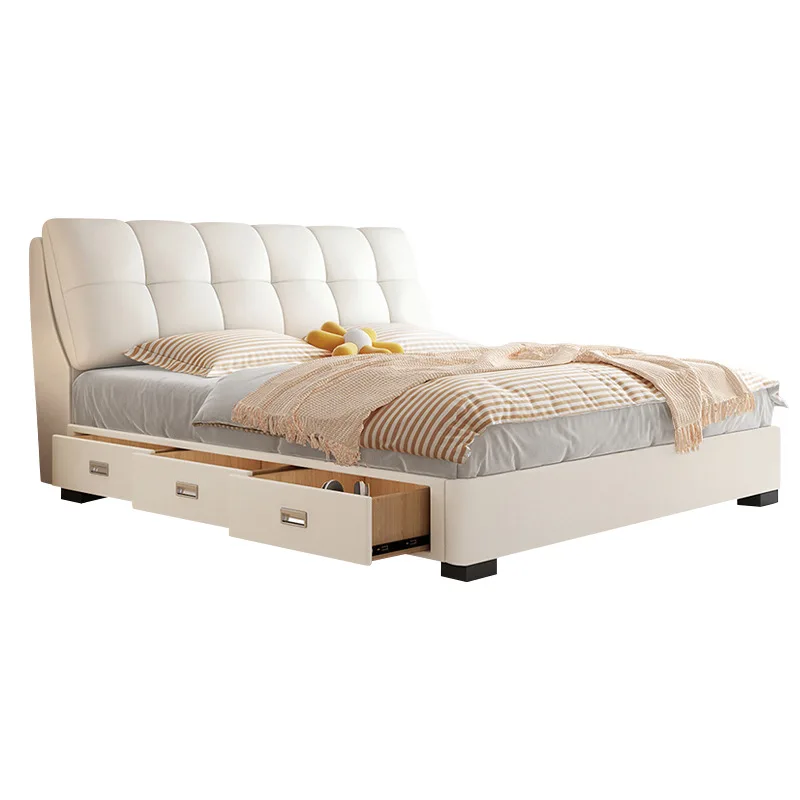 

Cream style, light luxury and simple master bedroom double leather bed, Italian puff first-layer cowhide bed