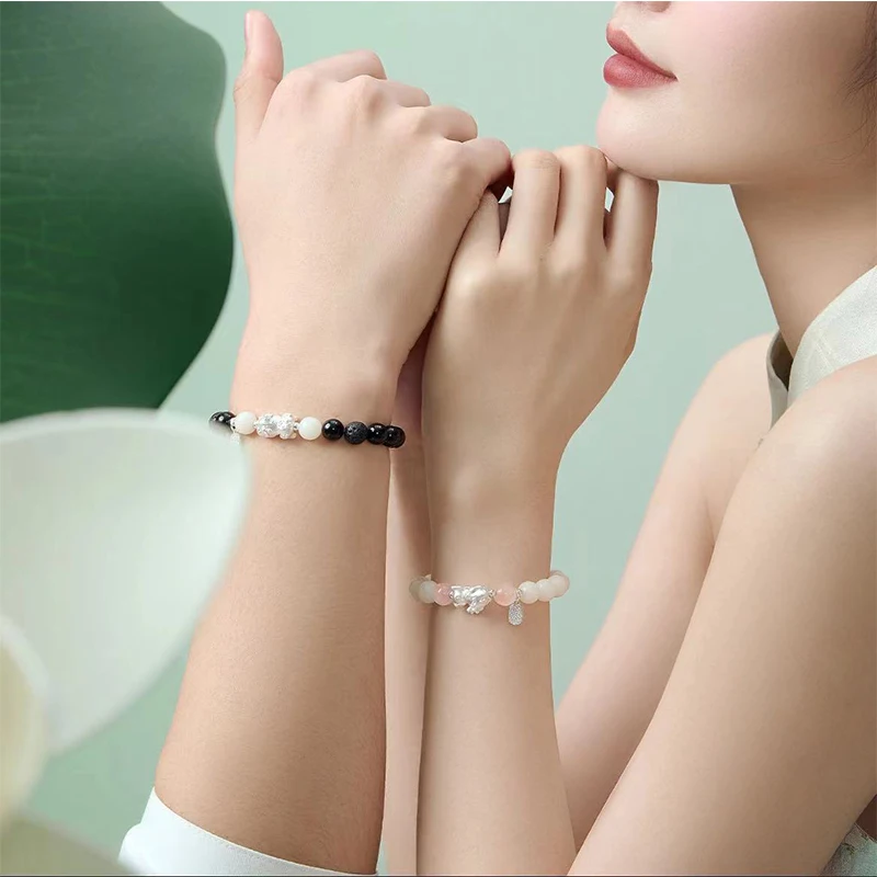 

999 Sterling Silver Couple Bracelet Fashion Obsidian Stone Beads Wristband Attract Wealth Lucky Jewelry Gift Wholesale