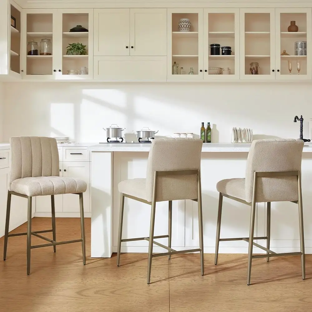 

Set of 3, 26 Upholstered Counter Height Bar Stools with Back, Linen Seats, Metal Legs, Khaki